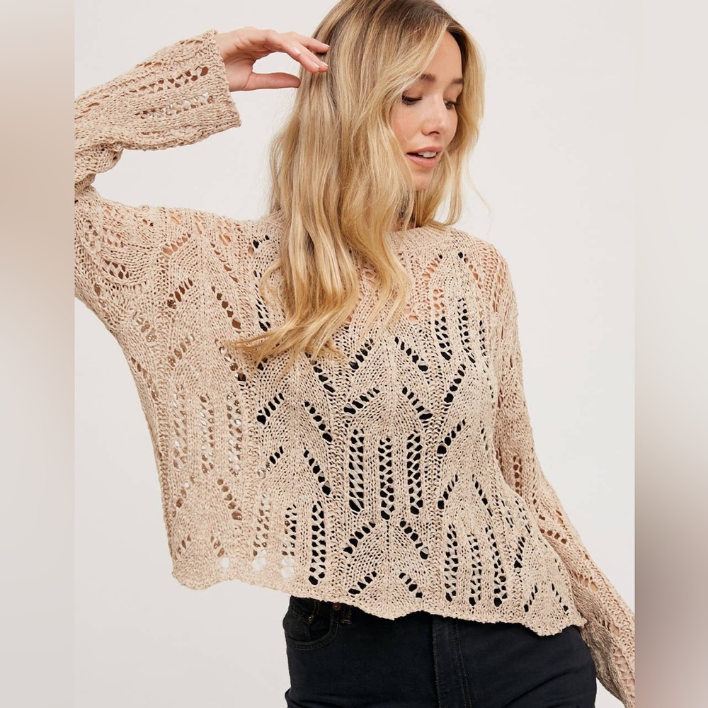 OPEN KNIT SWEATER PULLOVER: TAUPE